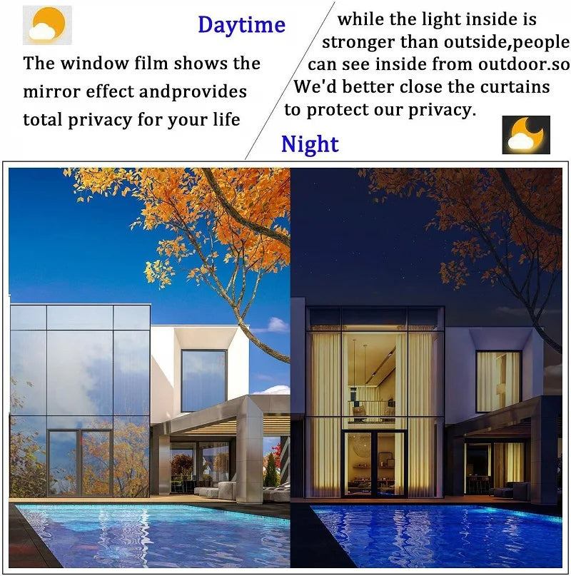 Window Privacy Film One Way Daytime Privacy Static Cling Sun Blocking Anti UV Reflective Window  for Home and OfficeBlack Silver