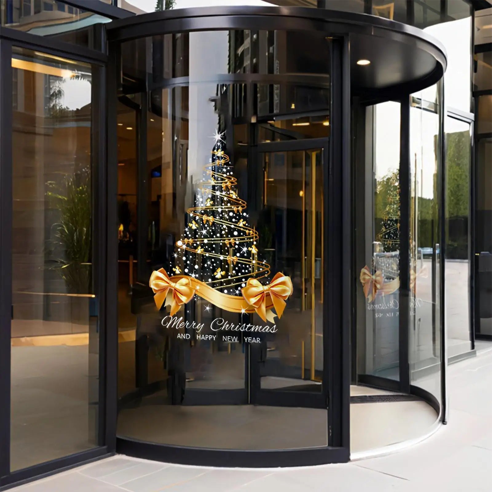 Christmas Window Decals 25.59x17.72 Inch Decal Pvc Double-Sided Golden Christmas Tree Window Sticker for Home Window Wall Decor