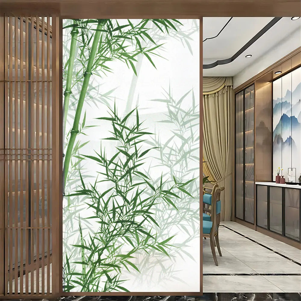 Privacy Glass Window Film Bamboo Pattern Frosted Glass Door Film Sun Blocking Glue-Free Static Adhesive Glass Window Stickers