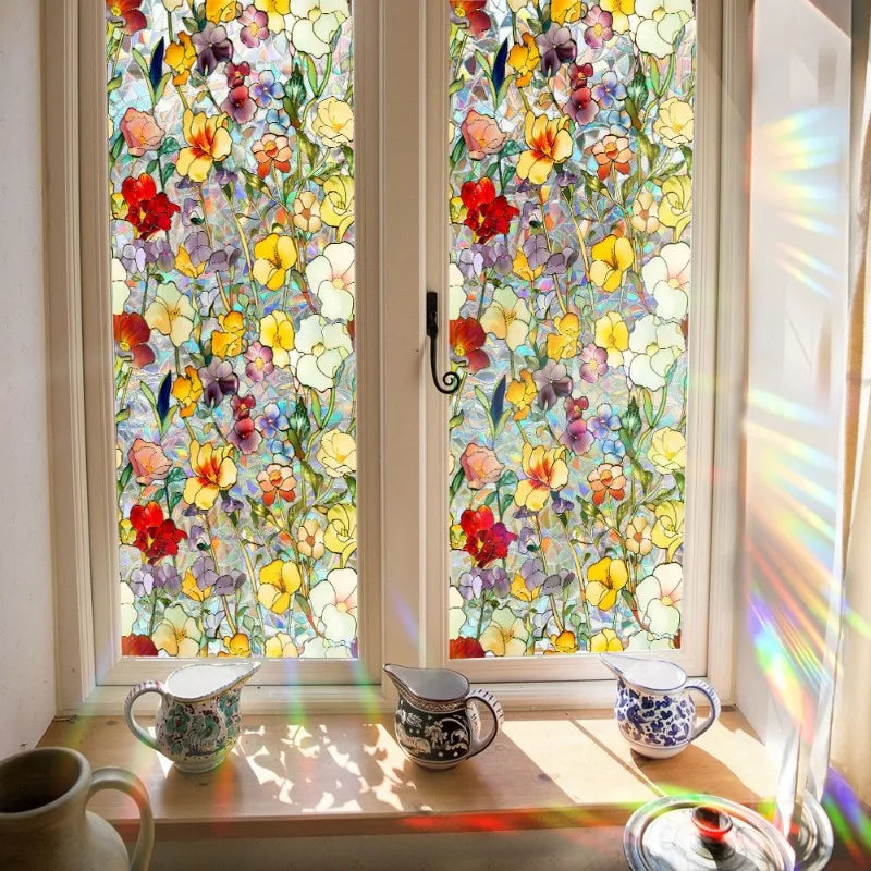 Sun Catcher Static Glass Stickers Non-Adhesive Window Sticker Decorative Privacy Flower Decal Painted Glass Rainbow Film Decors
