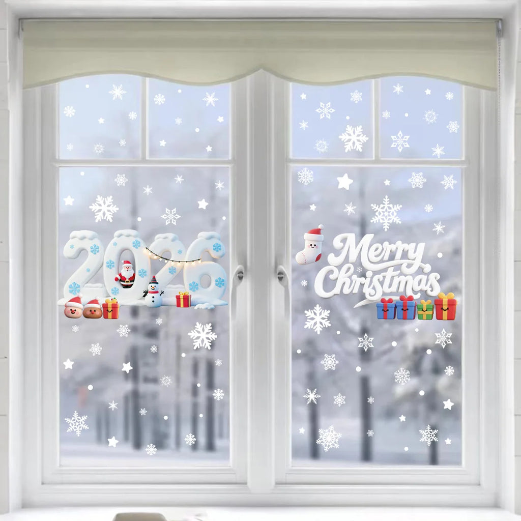 Christmas Window Stickers Blue Snowman Santa Decorative Films Reusable Snowflake Elk Ornaments Merry 2025 Happy New Year 2026