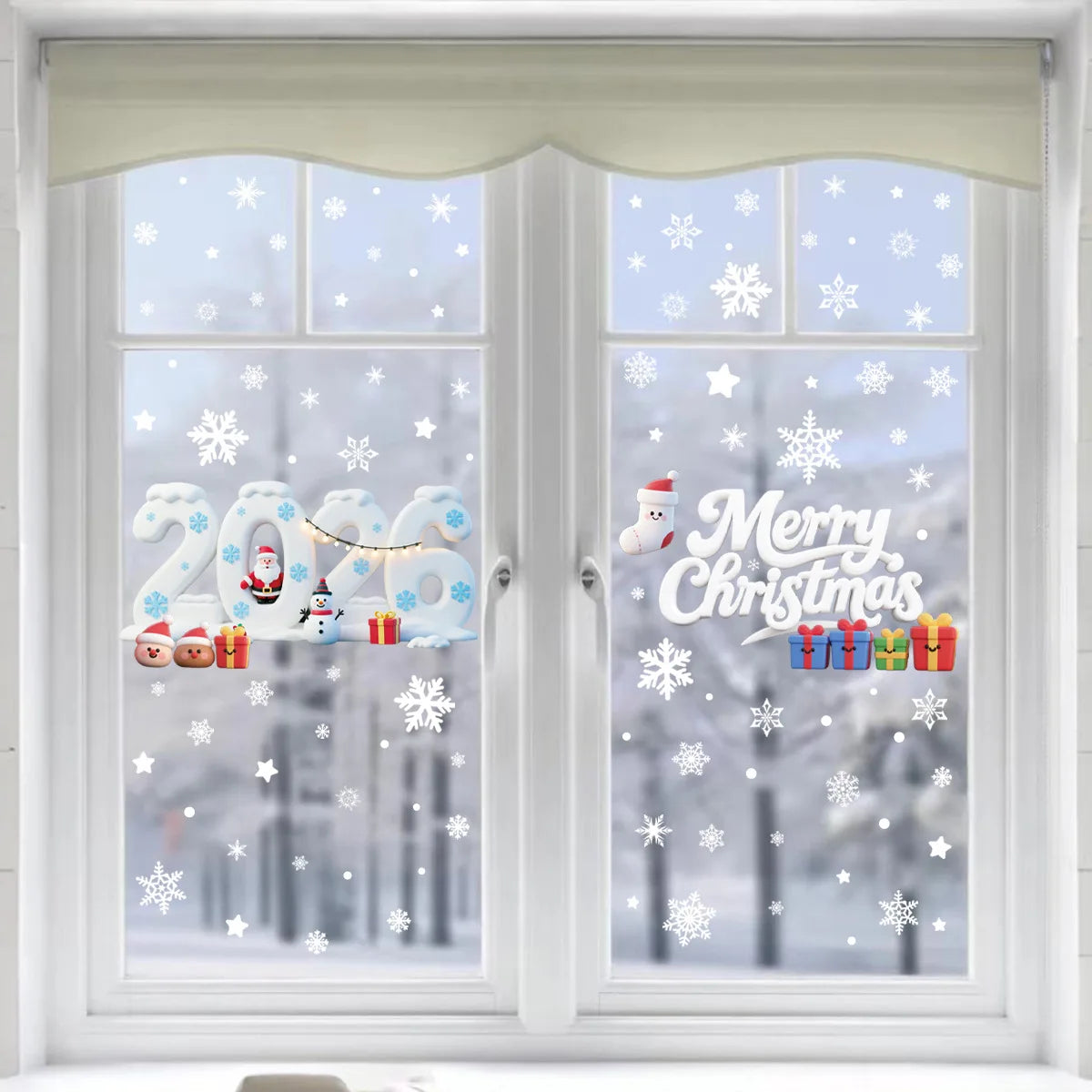 Christmas Window Stickers Blue Snowman Santa Decorative Films Reusable Snowflake Elk Ornaments Merry 2025 Happy New Year 2026
