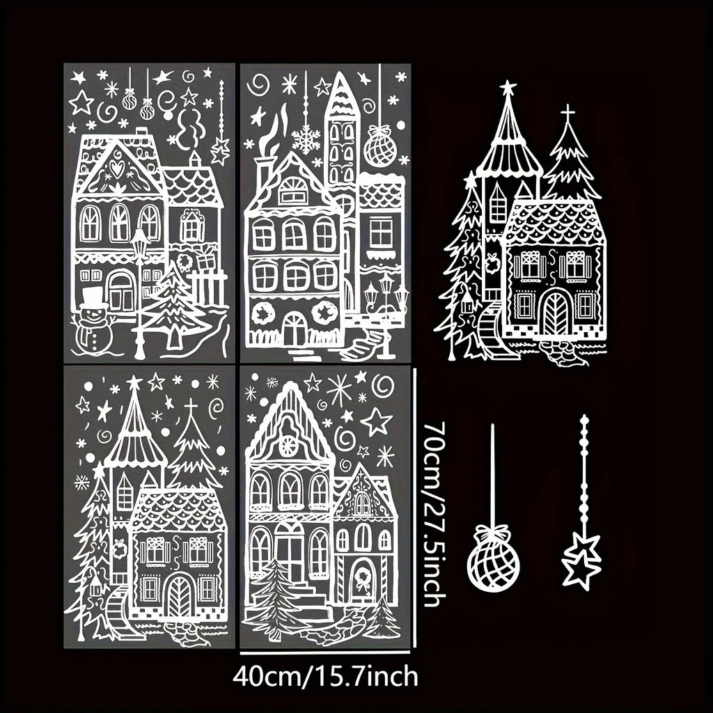 4 sheets/set Large Christmas Window Clings - Snowman & Snowflake Decals for Festive Glass Decoration,Snowy house wall stickers