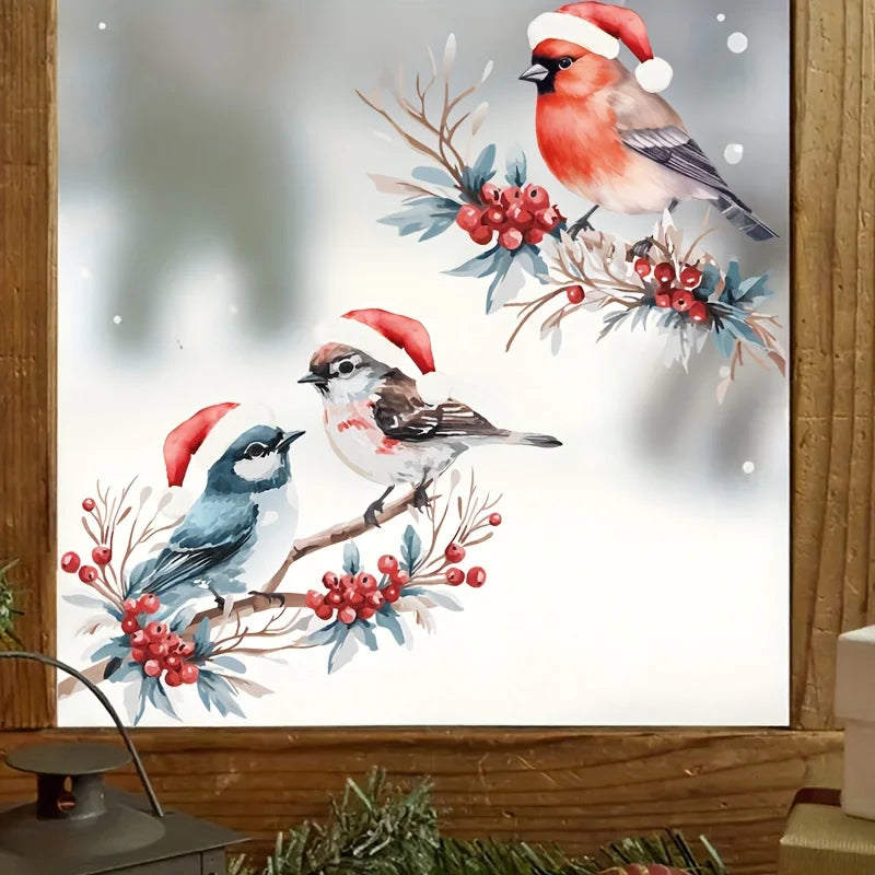 1Set Christmas Bird and Tree Branch Window Static Stickers Waterproof Suitable for Home Kitchen Office Festive Christmas Decors