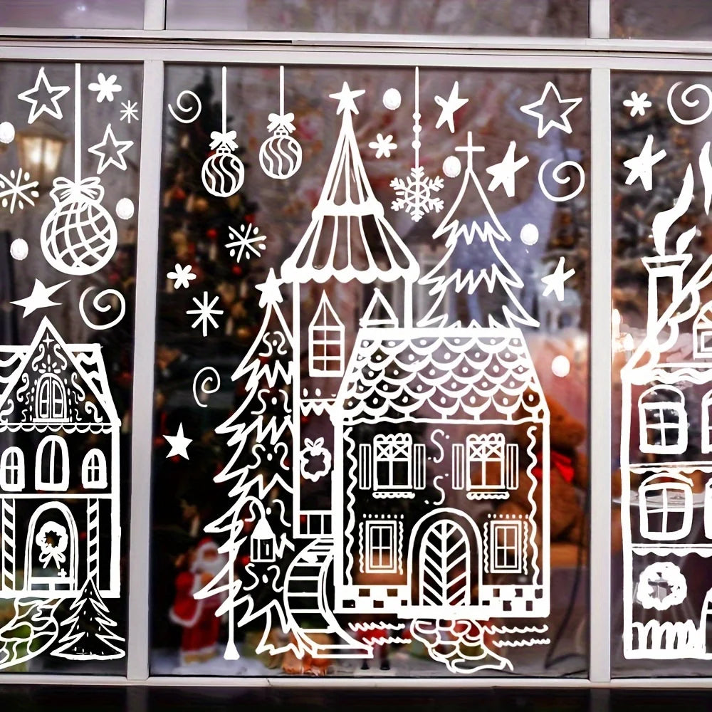 4 sheets/set Large Christmas Window Clings - Snowman & Snowflake Decals for Festive Glass Decoration,Snowy house wall stickers