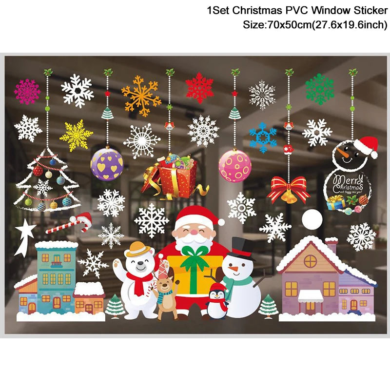1Set Santa Claus Snowman Elk Window Stickers Snowflake Electrostatic Wall Sticker 2024 Christmas Decoration For Home New Year
