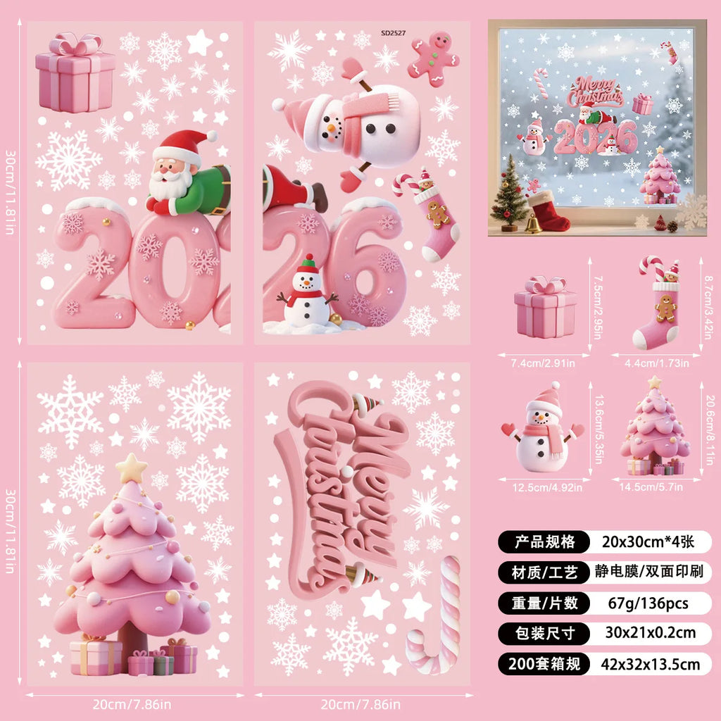 Christmas Window Stickers Blue Snowman Santa Decorative Films Reusable Snowflake Elk Ornaments Merry 2025 Happy New Year 2026