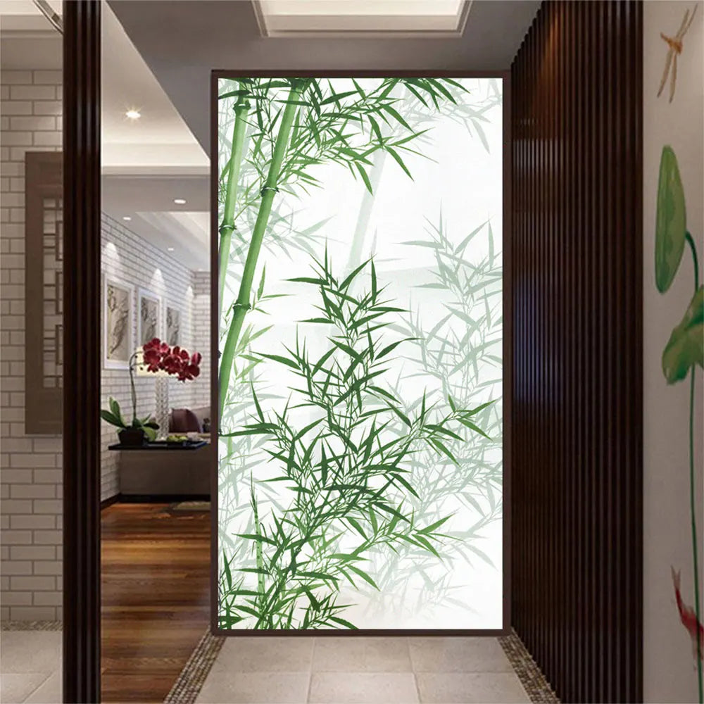 Privacy Glass Window Film Bamboo Pattern Frosted Glass Door Film Sun Blocking Glue-Free Static Adhesive Glass Window Stickers