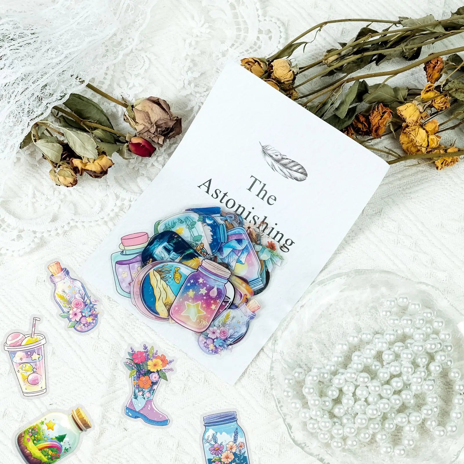 50PCS Transparent PET Bottle Seies Stickers Waterproof Doodle Decals for Home Window Glass DIY Wall Background Stickers