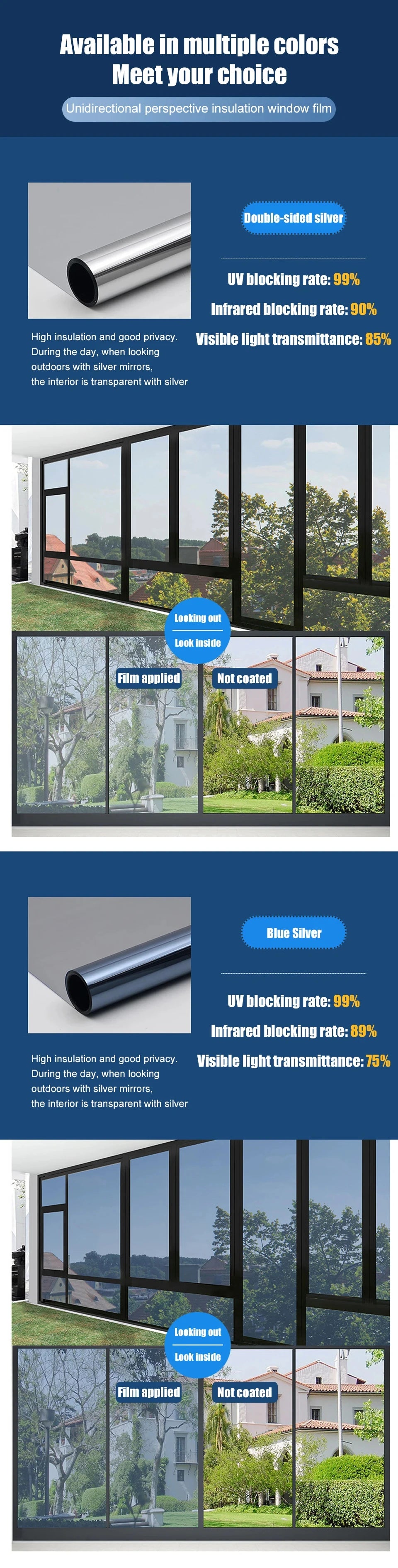 One Way Mirror Window Privacy Film Heat Control Reflective Window Films Vinyl Mirror Foil Window Film Anti Look Window Stickers