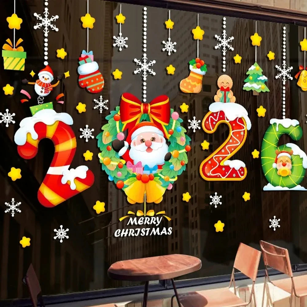 1pc 2026 Christmas Window Stickers Santa Claus Snowflake Pattern Christmas Decal New Year Gift Xmas Party Decorations Navidad