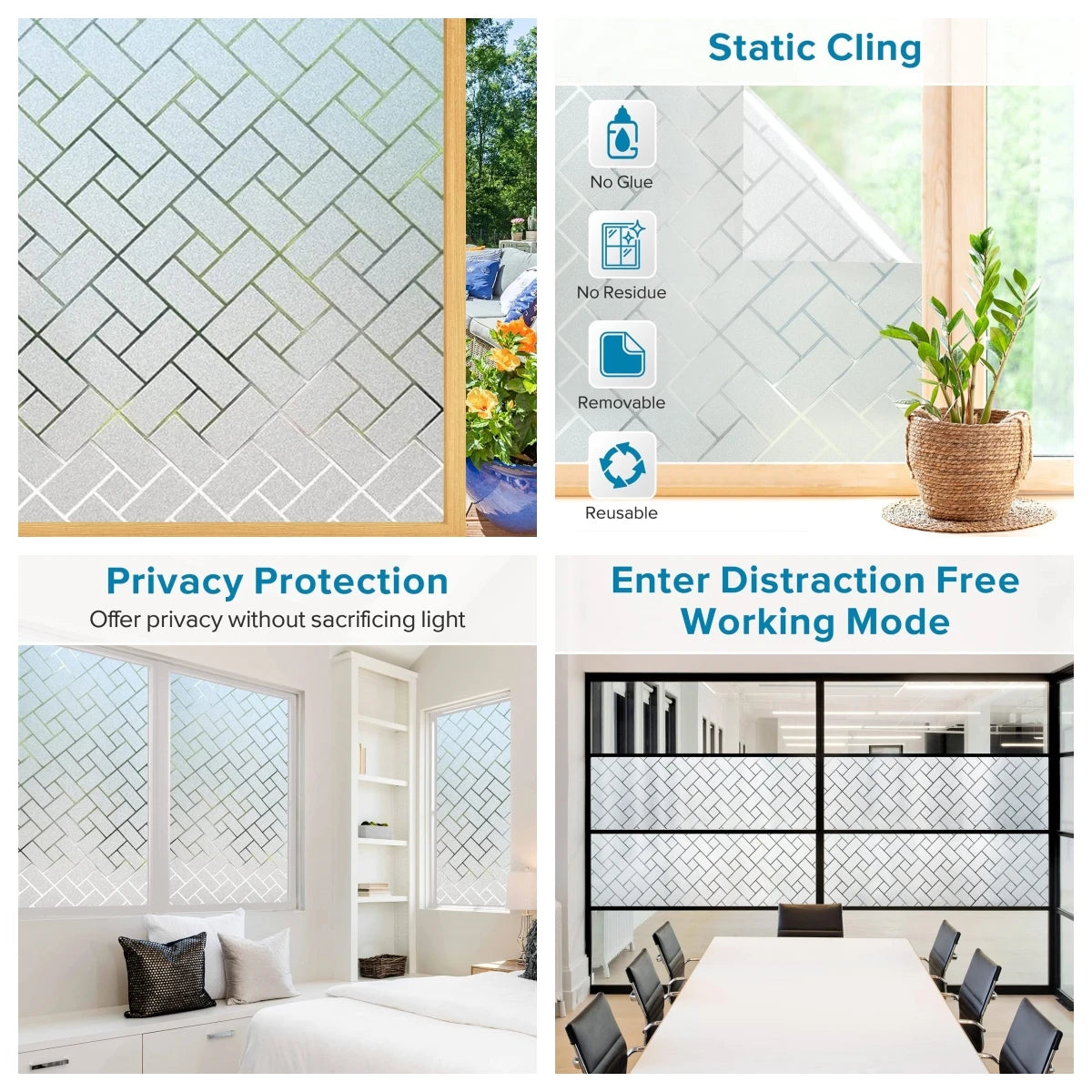 Wide 75/90 Cm Frosted Window Privacy Film, Non-Adhesive Window Glass Films, Heat Control Static Cling Removable Window Stickers