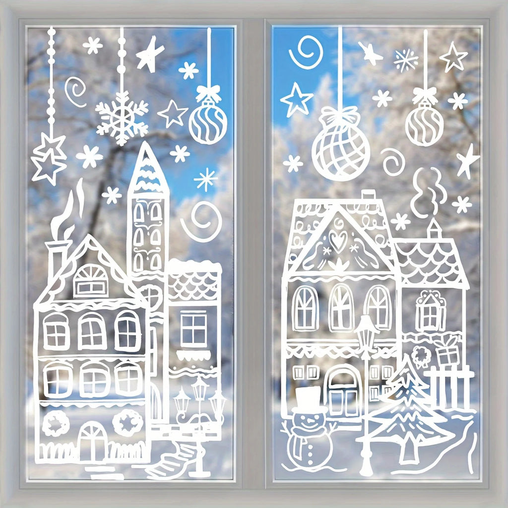 4 sheets/set Large Christmas Window Clings - Snowman & Snowflake Decals for Festive Glass Decoration,Snowy house wall stickers