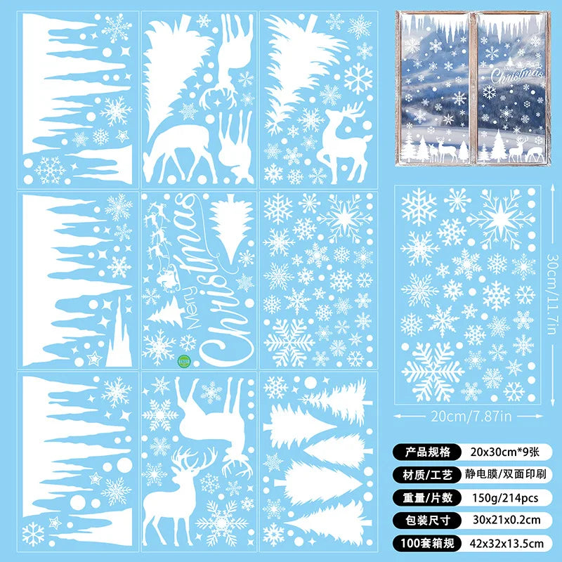 Christmas Window Stickers Blue Snowman Santa Decorative Films Reusable Snowflake Elk Ornaments Merry 2025 Happy New Year 2026