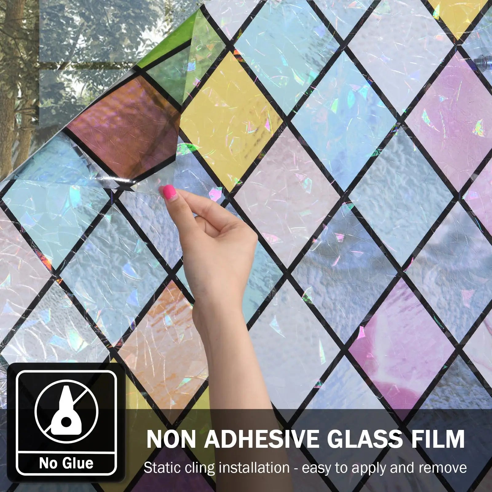 Stained Glass Window Film, Window Privacy Films, Colorful Lattice Window Tint, Rainbow Glass Decals Stickers for Home Anti UV