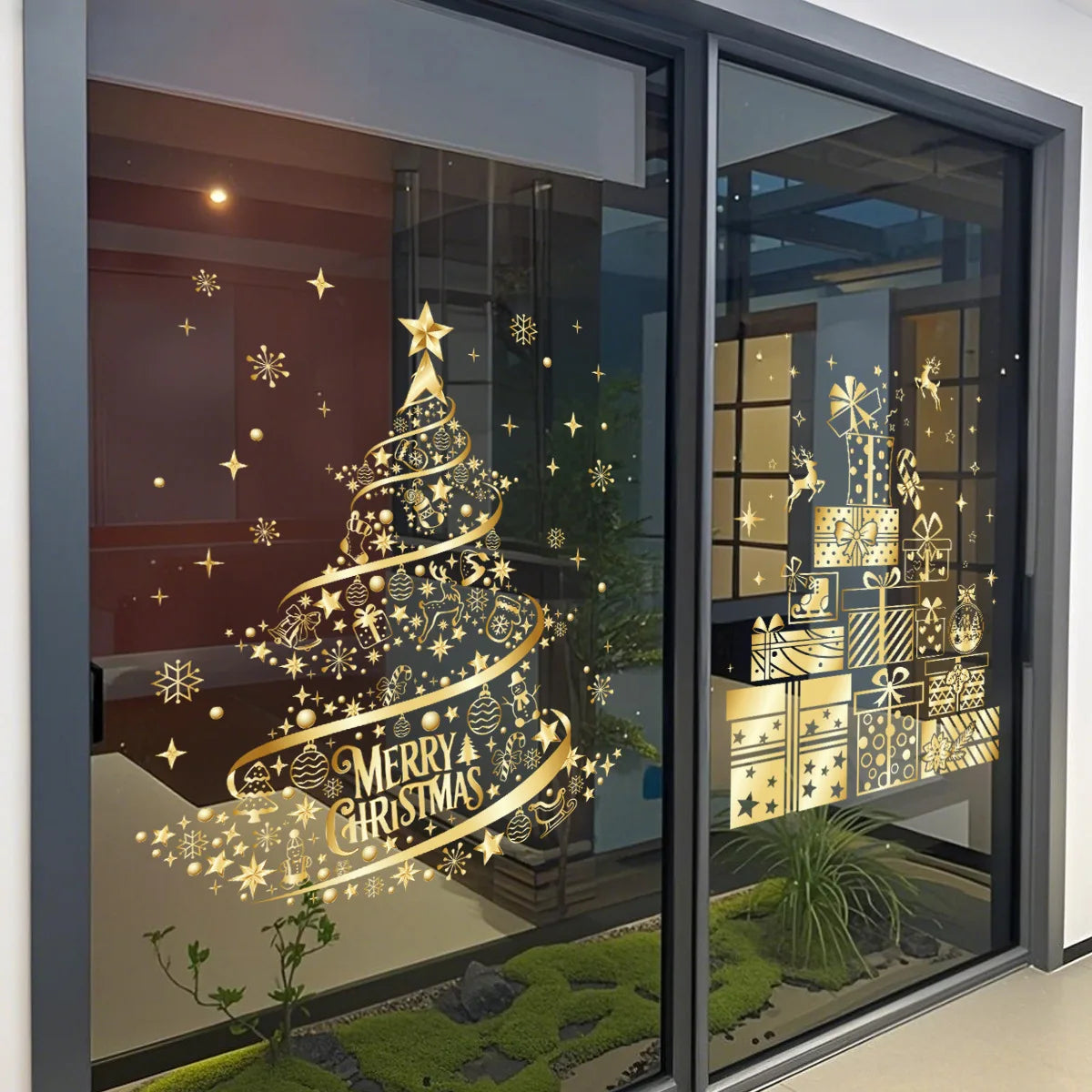 Christmas Sticker Gold PVC Double-sided Printed Static Window Sticker Family Glass Decorative Christmas Atmosphere Sticker
