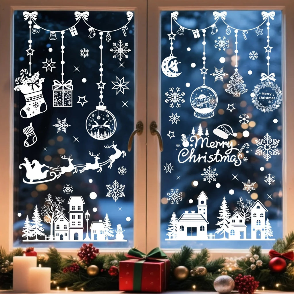 9 sheets Christmas Static Window Stickers, Seamless and Easy to - Snowflake Theme "Merry Christmas" Letters - Christmas Tree
