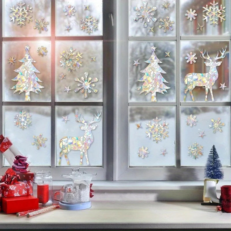 2sheets Christmas Window Clings,Clear Window Decals for Bird Deterrent,Snowflake Sticker,Winter Snowflake Decor, Rainbow Decals