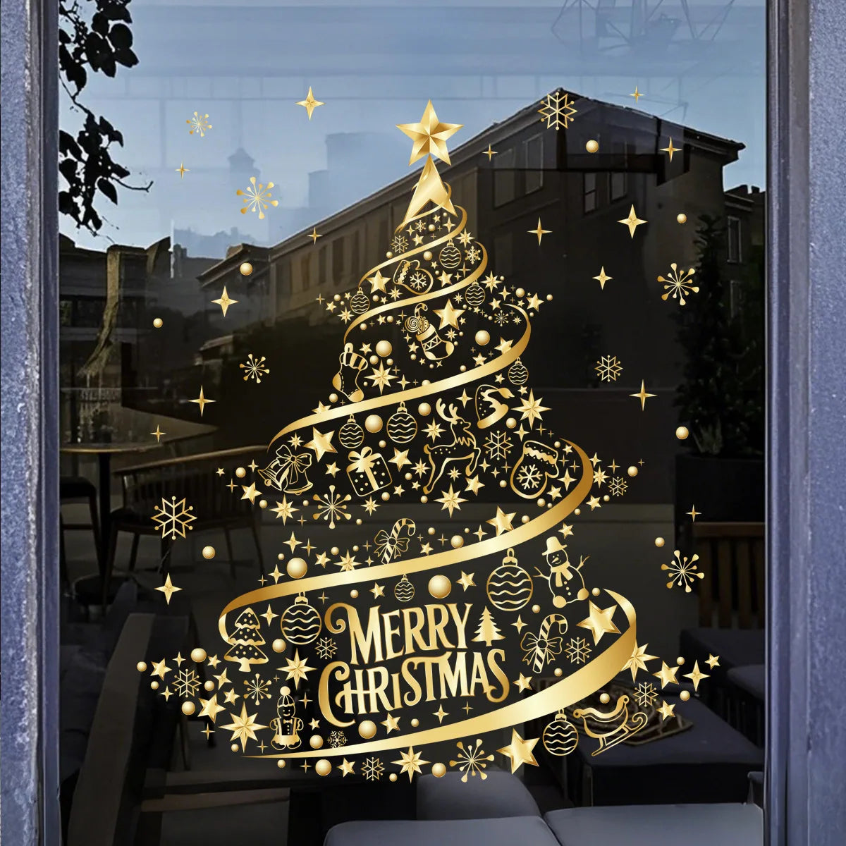 Christmas Sticker Gold PVC Double-sided Printed Static Window Sticker Family Glass Decorative Christmas Atmosphere Sticker