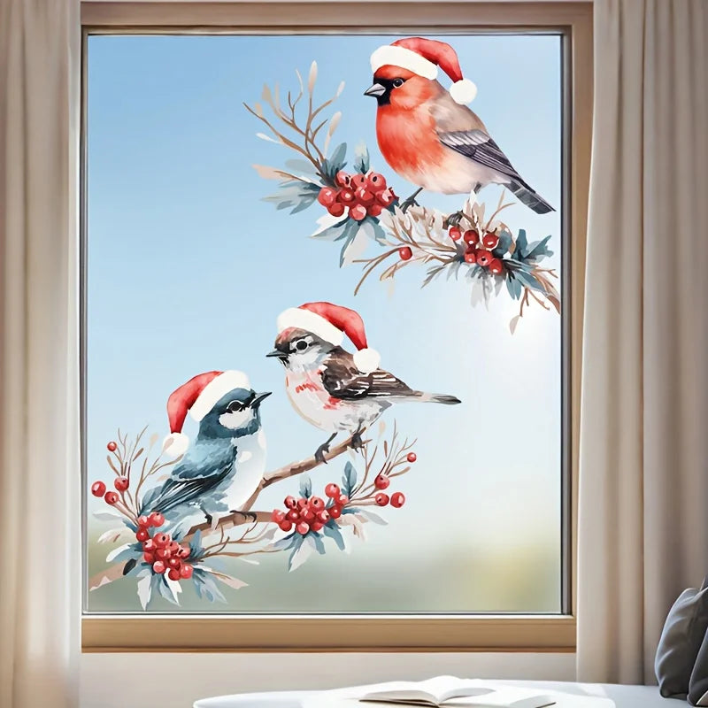1Set Christmas Bird and Tree Branch Window Static Stickers Waterproof Suitable for Home Kitchen Office Festive Christmas Decors