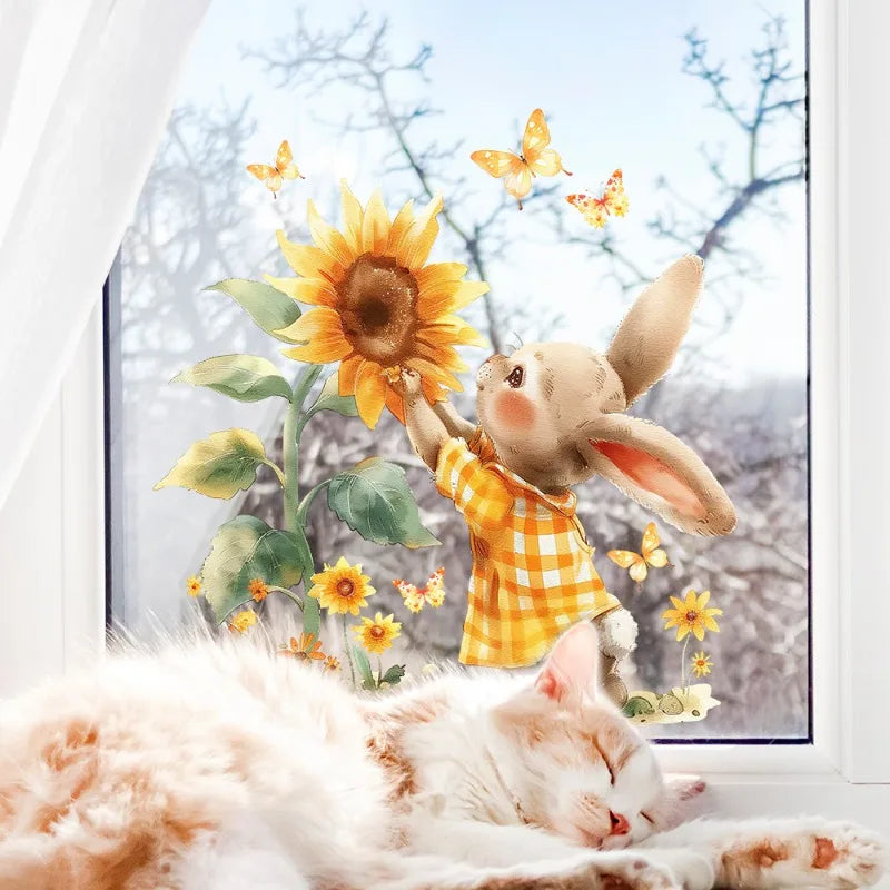 Watercolor Sunflower Rabbit Wall Stickers for Home Bedroom Living Room Glass Window Decor Wall Background Art Stickers
