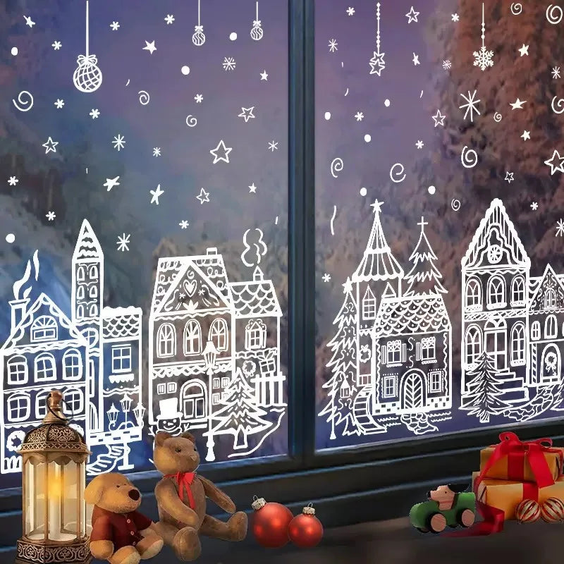 4 sheets/set Large Christmas Window Clings - Snowman & Snowflake Decals for Festive Glass Decoration,Snowy house wall stickers