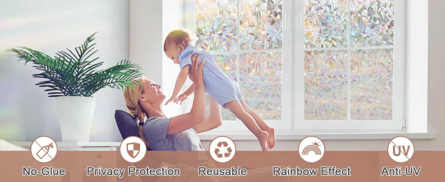 Window Privacy Film Rainbow Static Cling Stained Glass Film Window Covering Sticker Non-Adhesive Removable Reflective for Home