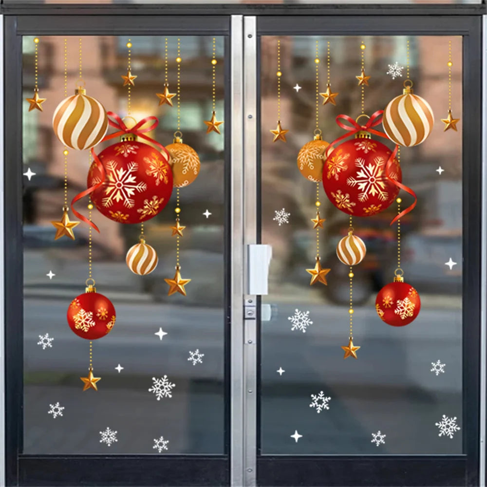 Christmas stickers, festive atmosphere decoration, colorful balls, stars, snowflakes, stickers, decorative glass window stickers