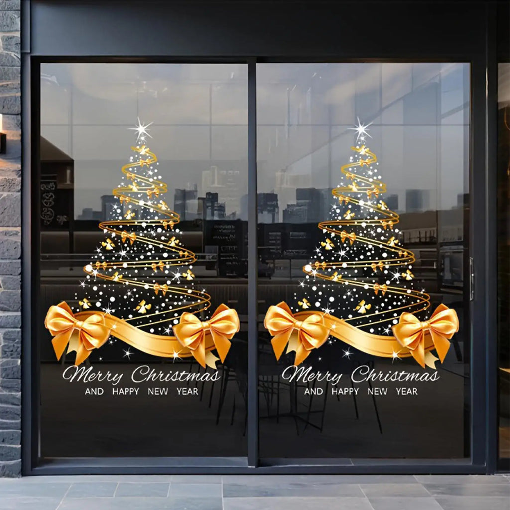 Christmas Window Decals 25.59x17.72 Inch Decal Pvc Double-Sided Golden Christmas Tree Window Sticker for Home Window Wall Decor