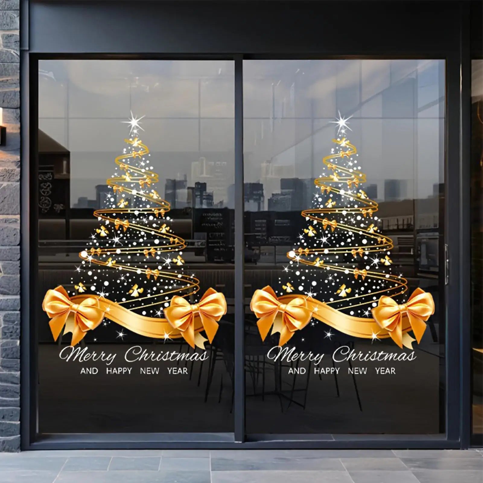Christmas Window Decals 25.59x17.72 Inch Decal Pvc Double-Sided Golden Christmas Tree Window Sticker for Home Window Wall Decor