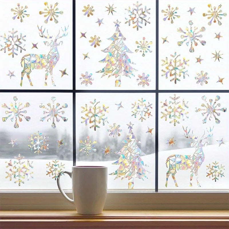 2sheets Christmas Window Clings,Clear Window Decals for Bird Deterrent,Snowflake Sticker,Winter Snowflake Decor, Rainbow Decals