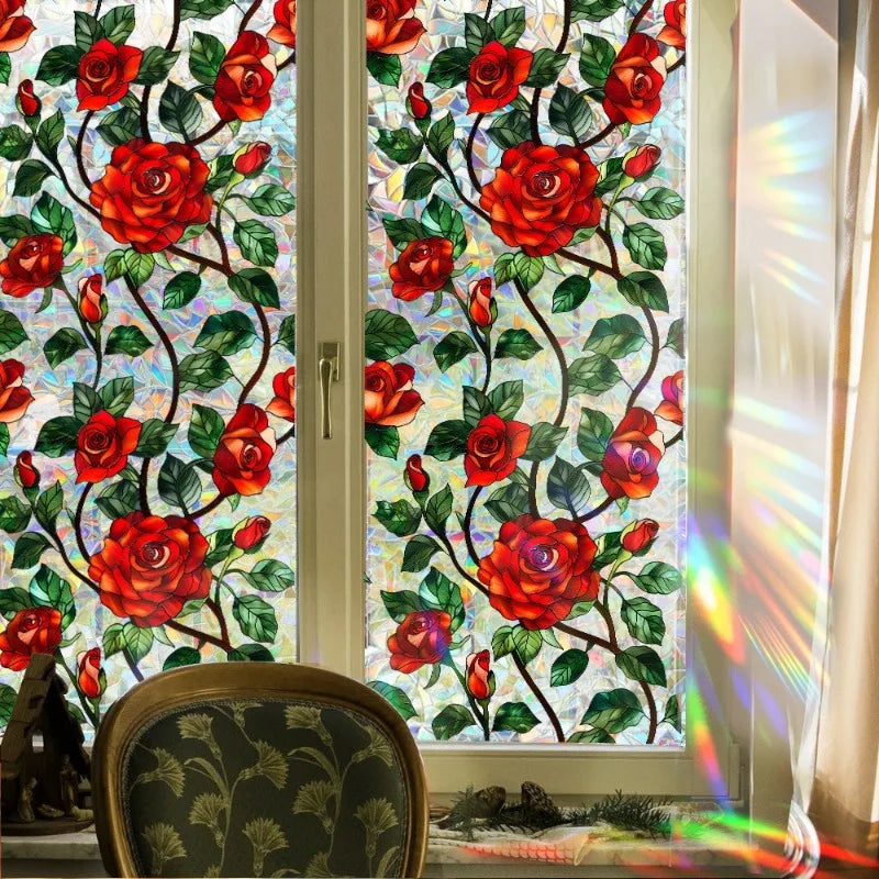 Sun Catcher Static Glass Stickers Non-Adhesive Window Sticker Decorative Privacy Flower Decal Painted Glass Rainbow Film Decors