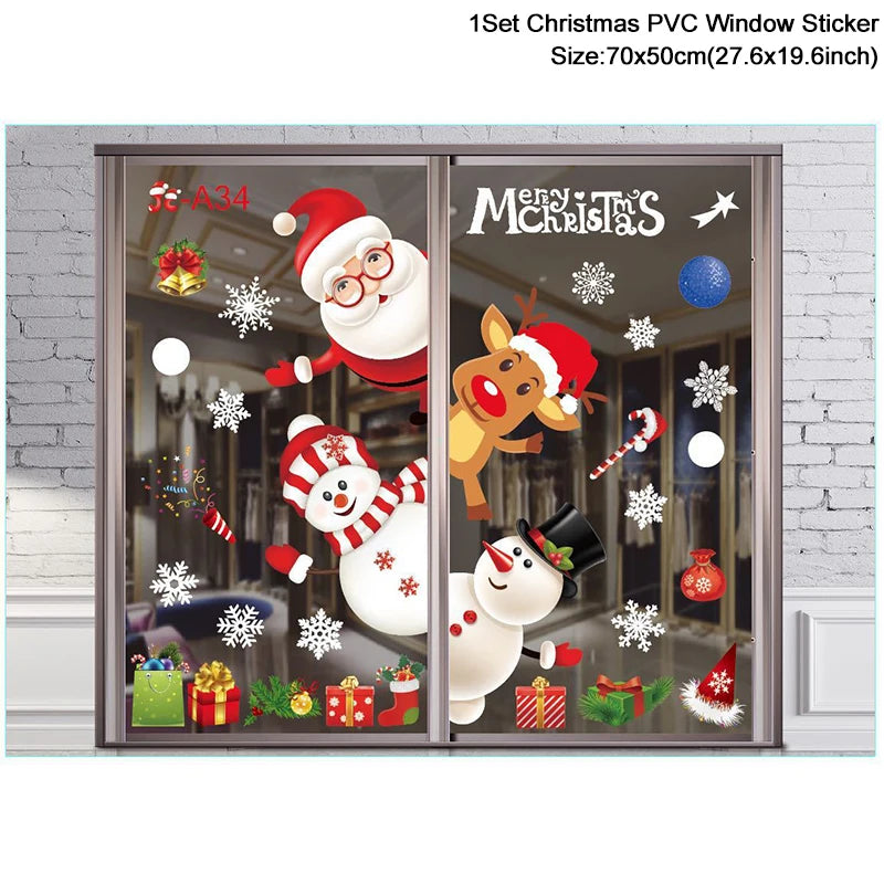 1Set Santa Claus Snowman Elk Window Stickers Snowflake Electrostatic Wall Sticker 2024 Christmas Decoration For Home New Year