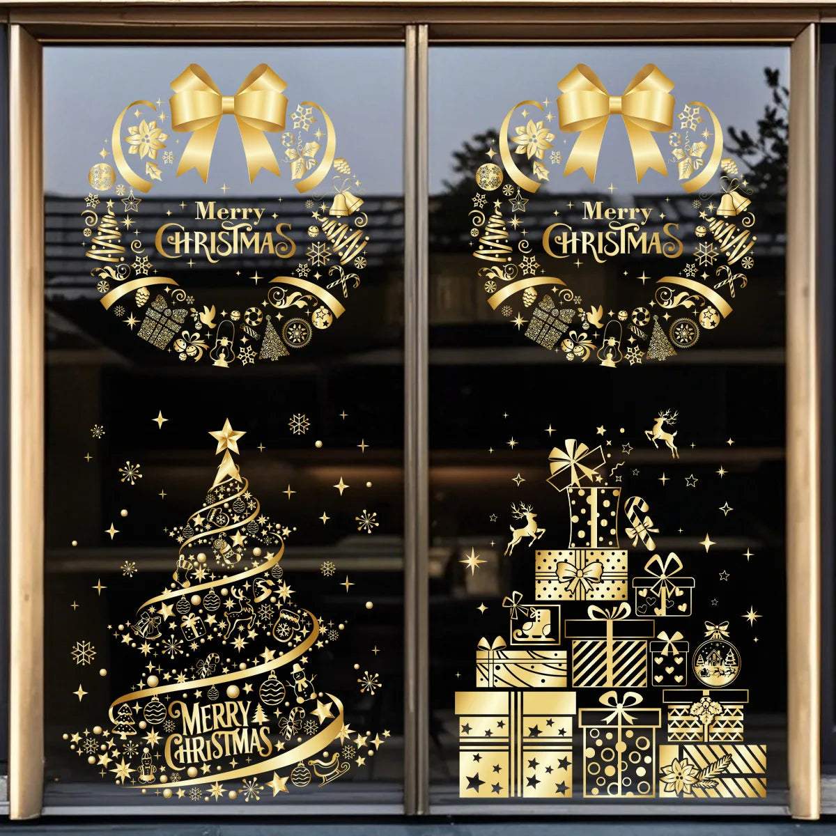 Christmas Sticker Gold PVC Double-sided Printed Static Window Sticker Family Glass Decorative Christmas Atmosphere Sticker