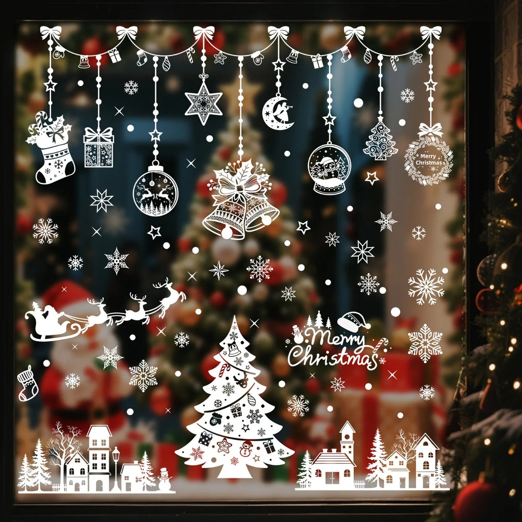 9 sheets Christmas Static Window Stickers, Seamless and Easy to - Snowflake Theme "Merry Christmas" Letters - Christmas Tree