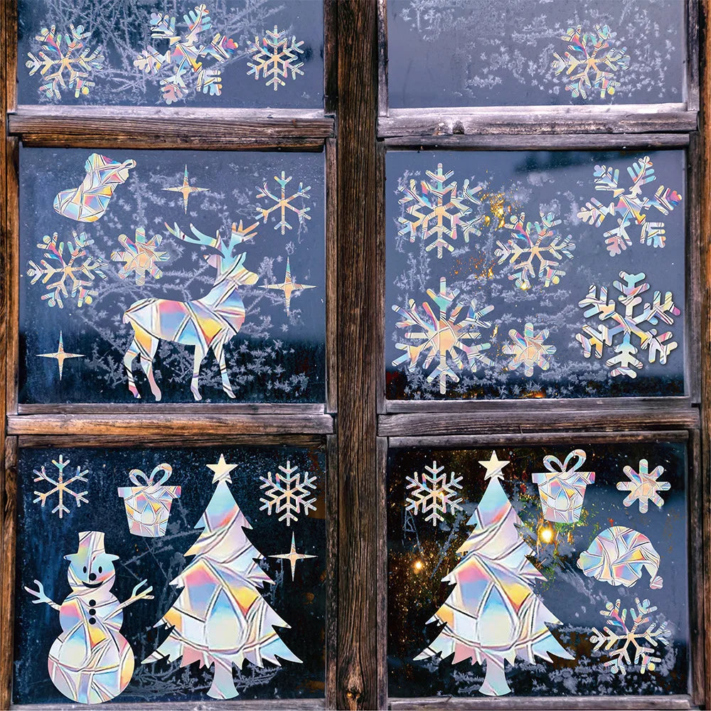 Christmas Snow Window Film PVC Static Window Cling Suncatcher 3D Window Decals Stickers Rainbow Window Film Xmas Decorations