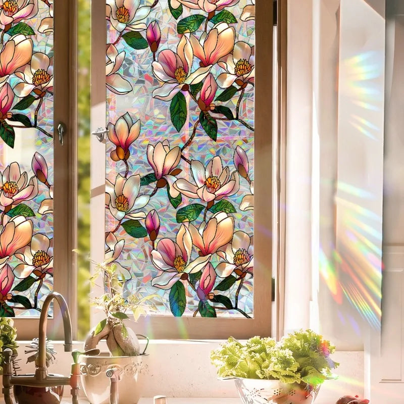 Sun Catcher Static Glass Stickers Non-Adhesive Window Sticker Decorative Privacy Flower Decal Painted Glass Rainbow Film Decors