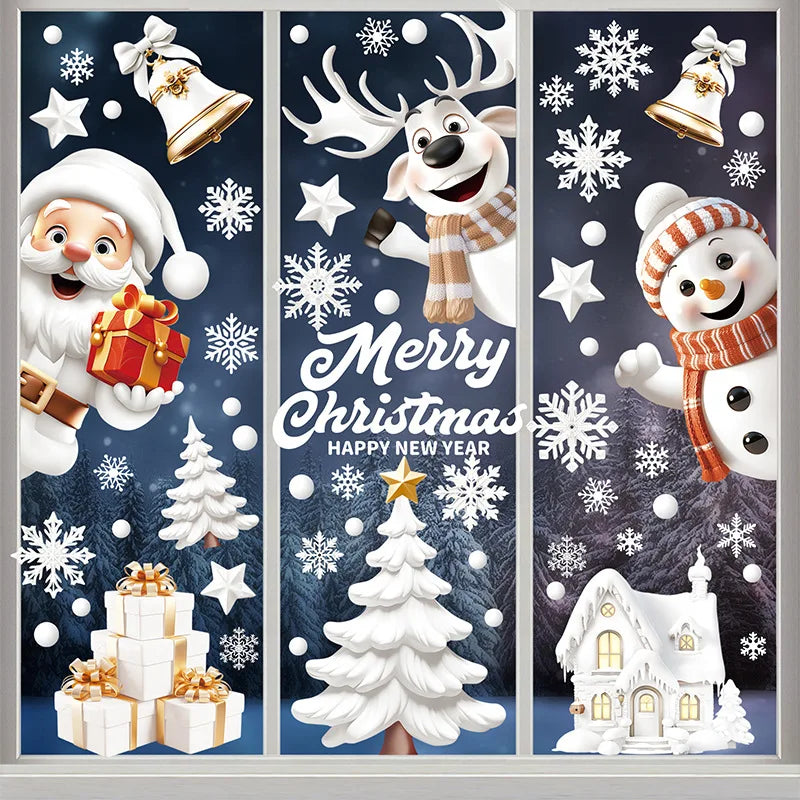 Christmas Window Stickers Blue Snowman Santa Decorative Films Reusable Snowflake Elk Ornaments Merry 2025 Happy New Year 2026