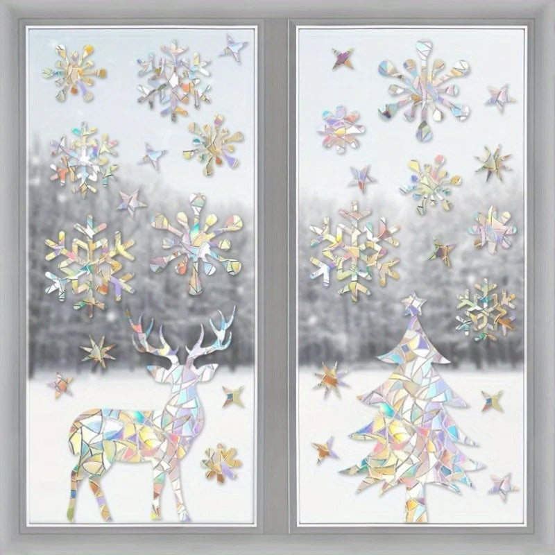 2sheets Christmas Window Clings,Clear Window Decals for Bird Deterrent,Snowflake Sticker,Winter Snowflake Decor, Rainbow Decals