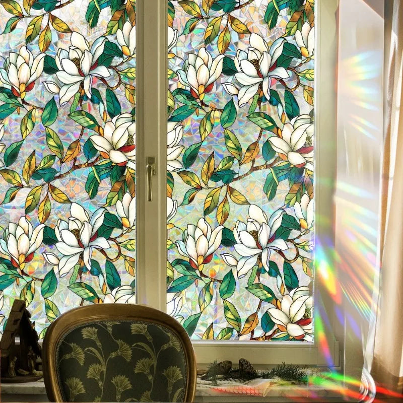 Sun Catcher Static Glass Stickers Non-Adhesive Window Sticker Decorative Privacy Flower Decal Painted Glass Rainbow Film Decors