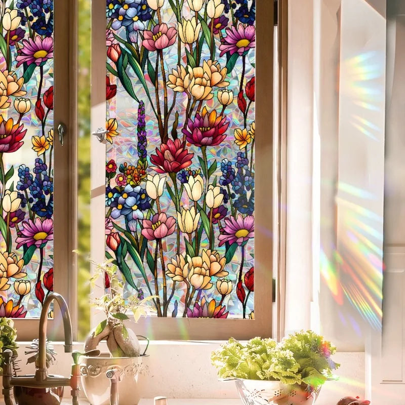 Sun Catcher Static Glass Stickers Non-Adhesive Window Sticker Decorative Privacy Flower Decal Painted Glass Rainbow Film Decors