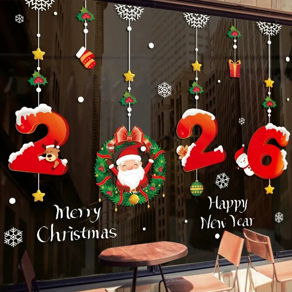 1pc 2026 Christmas Window Stickers Santa Claus Snowflake Pattern Christmas Decal New Year Gift Xmas Party Decorations Navidad