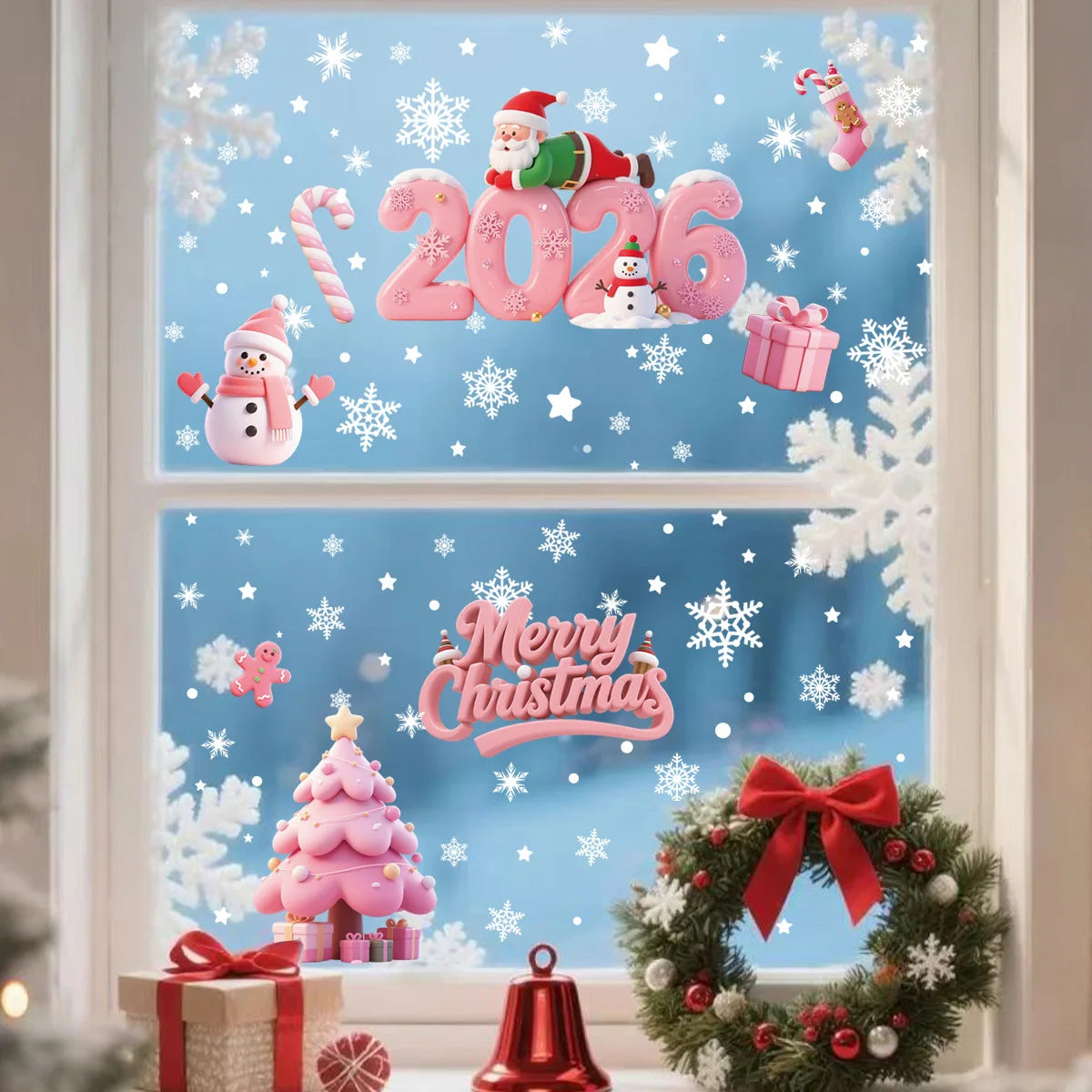 Christmas Window Stickers Blue Snowman Santa Decorative Films Reusable Snowflake Elk Ornaments Merry 2025 Happy New Year 2026
