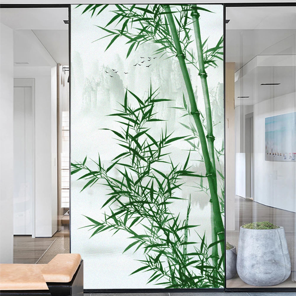 Privacy Glass Window Film Bamboo Pattern Frosted Glass Door Film Sun Blocking Glue-Free Static Adhesive Glass Window Stickers