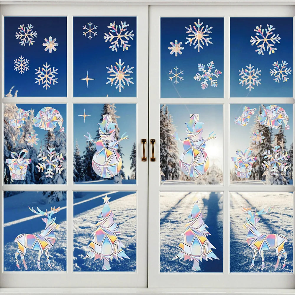 Christmas Snow Window Film PVC Static Window Cling Suncatcher 3D Window Decals Stickers Rainbow Window Film Xmas Decorations