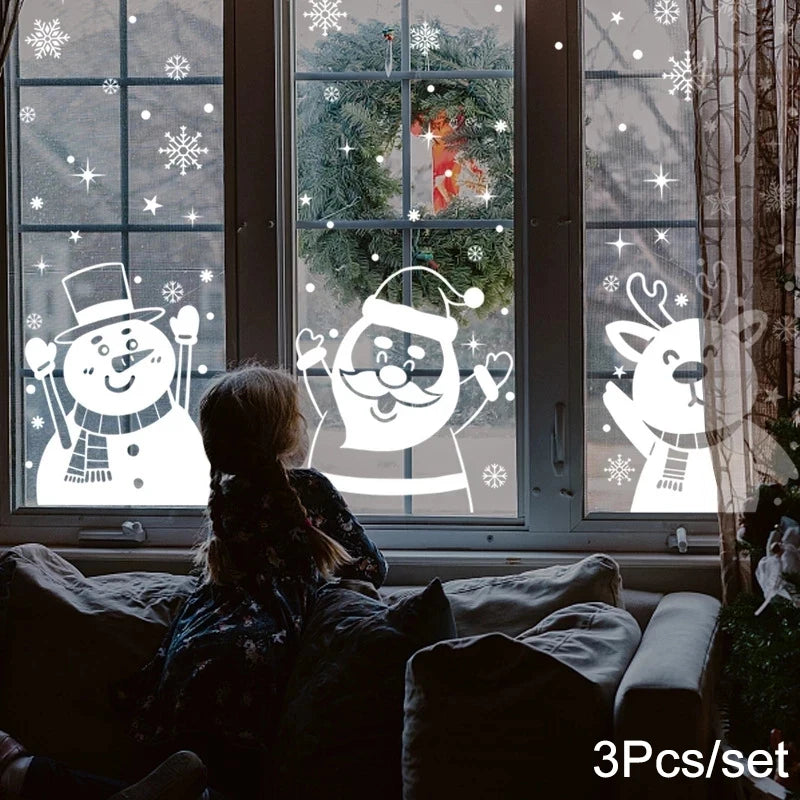 1Set Santa Claus Snowman Elk Window Stickers Snowflake Electrostatic Wall Sticker 2024 Christmas Decoration For Home New Year