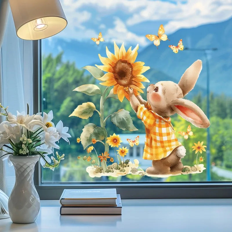 Watercolor Sunflower Rabbit Wall Stickers for Home Bedroom Living Room Glass Window Decor Wall Background Art Stickers