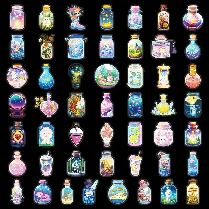 50PCS Transparent PET Bottle Seies Stickers Waterproof Doodle Decals for Home Window Glass DIY Wall Background Stickers