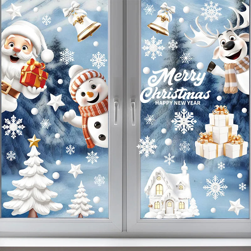 Christmas Window Stickers Blue Snowman Santa Decorative Films Reusable Snowflake Elk Ornaments Merry 2025 Happy New Year 2026