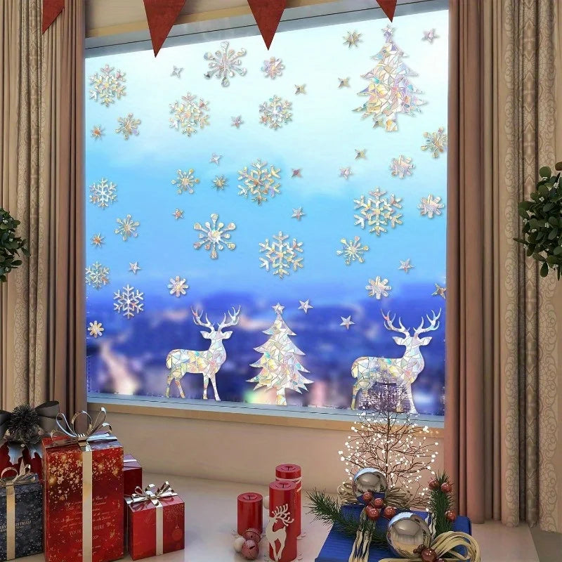 2sheets Christmas Window Clings,Clear Window Decals for Bird Deterrent,Snowflake Sticker,Winter Snowflake Decor, Rainbow Decals